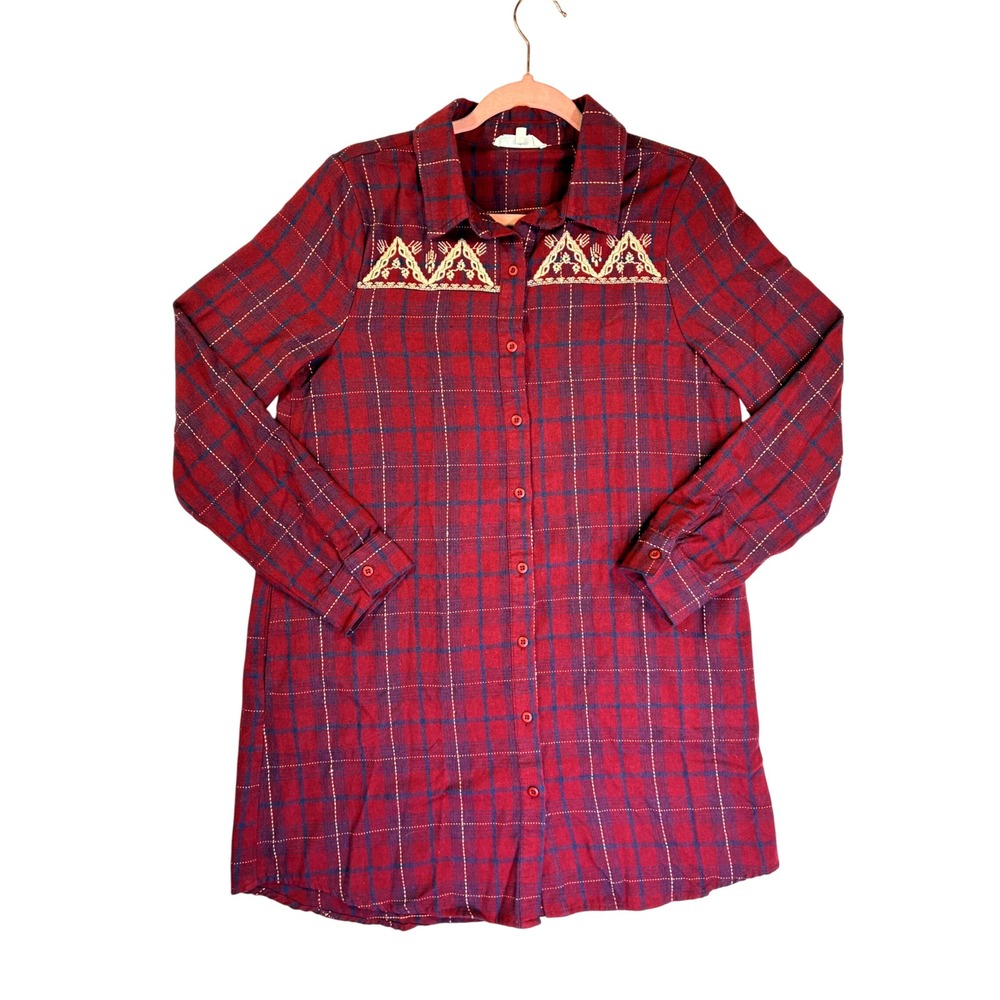 Entro Burgundy Plaid Embroidered Long Sleeve Button Down Tunic W/Pockets Medium